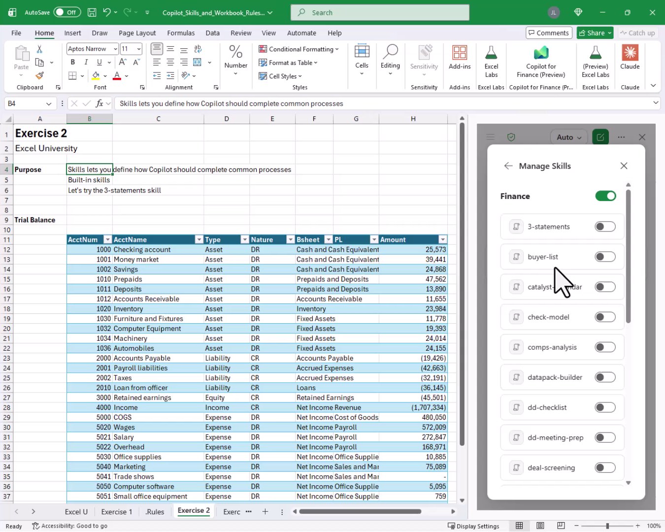 The Manage Skills panel in Copilot showing Finance category skills including 3-statements, buyer-list, catalyst-calendar, check-model, and others.
