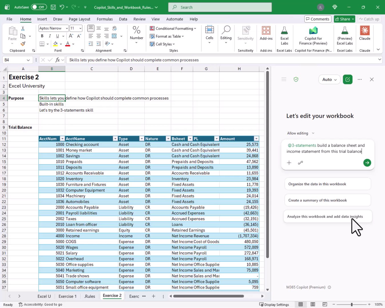 Copilot chat box showing the @3-statements prompt typed in to build a balance sheet and income statement from the trial balance.