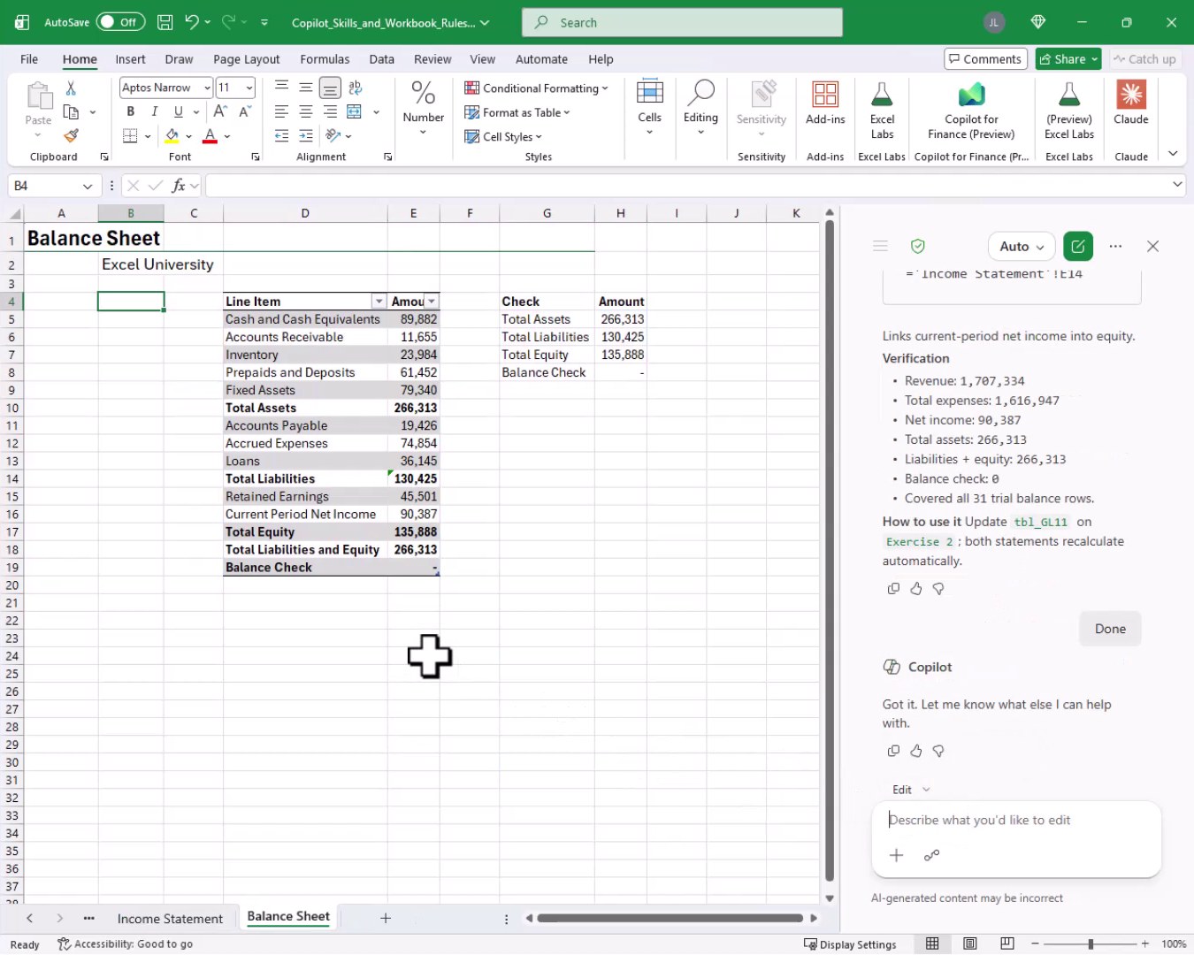 Generated Balance Sheet worksheet created by the @3-statements skill showing assets, liabilities, equity totals, and a balance check section.
