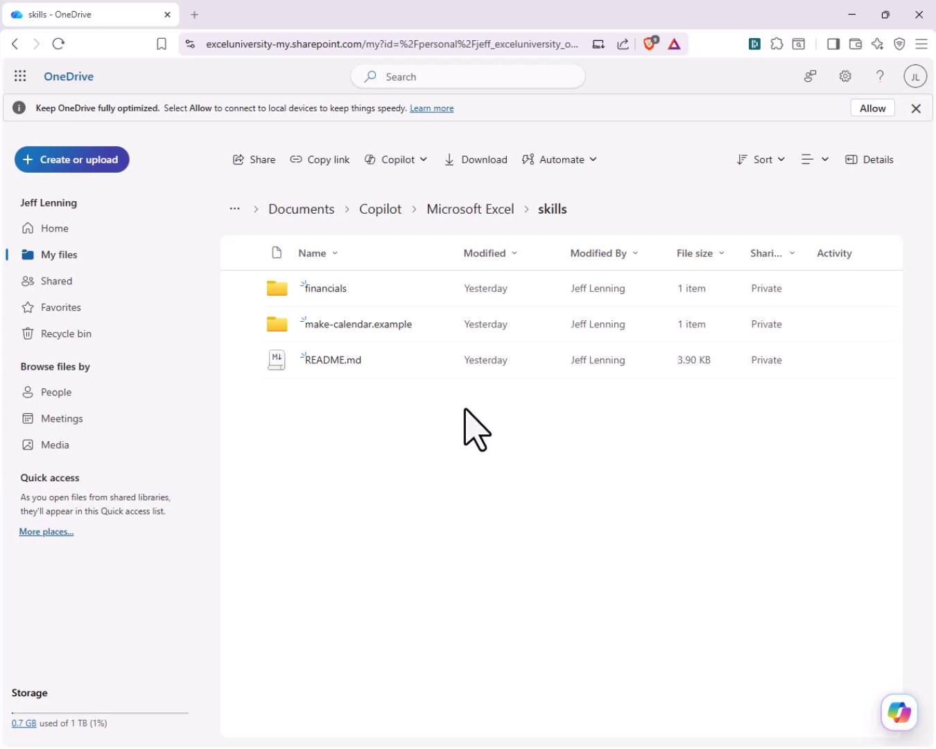 OneDrive skills folder showing subfolders named 'financials' and 'make-calendar.example' along with a README.md file.