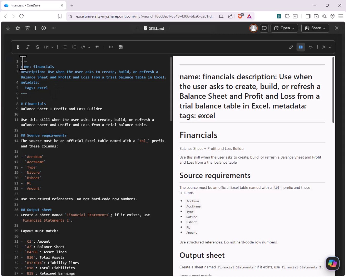The SKILL.md file open in OneDrive showing markdown sections for name, description, source requirements, output sheet layout, and formula rules.
