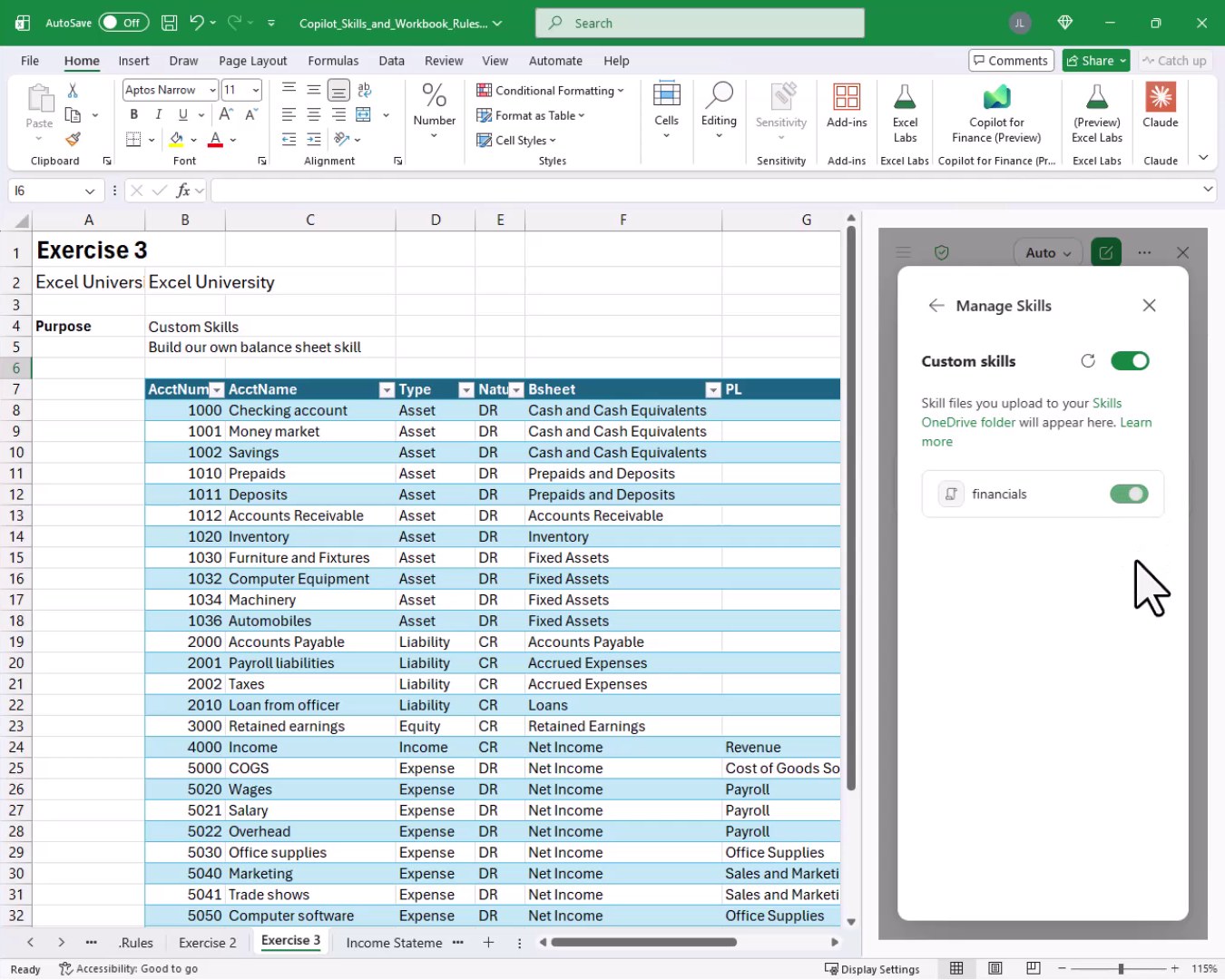 Exercise 3 worksheet with the Manage Skills panel open showing the custom 'financials' skill toggled on under the Custom Skills section.