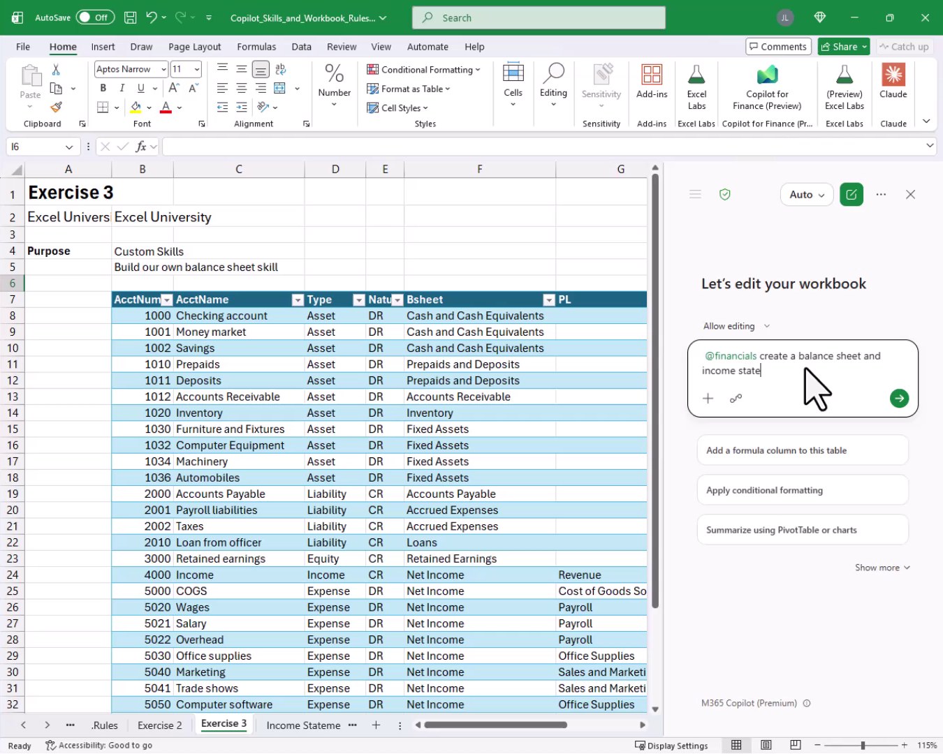Copilot chat box showing the @financials prompt to create a balance sheet and income statement on the Exercise 3 worksheet.