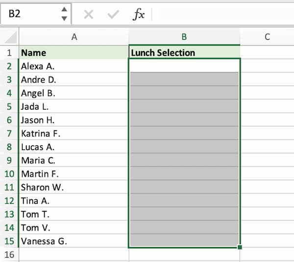 Creating a Microsoft Excel drop-down list from a table with names
