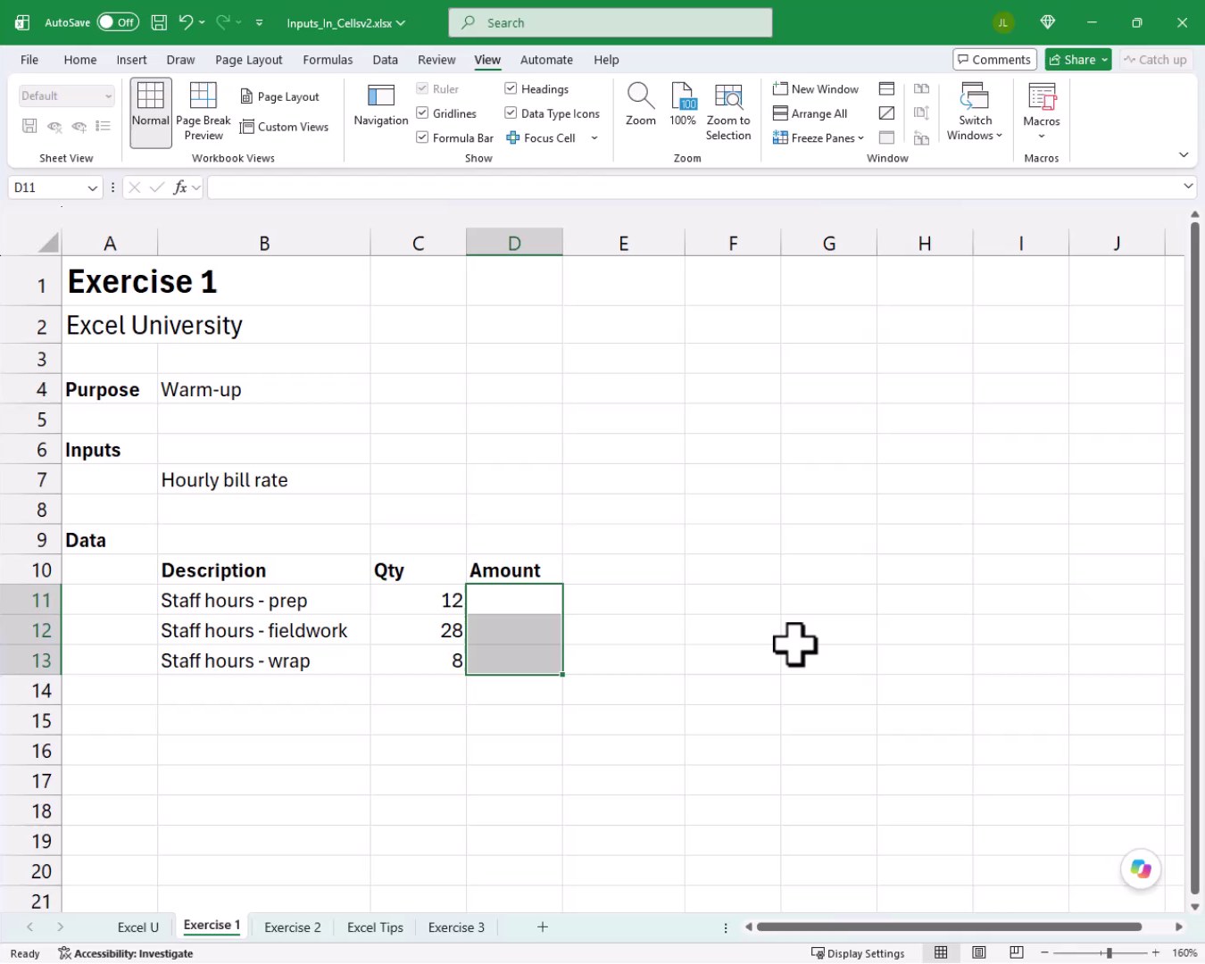 Exercise 1 worksheet with Description, Qty, and empty Amount columns for three staff hour line items.