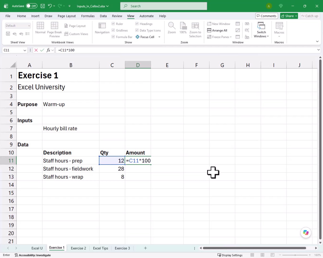 Formula bar showing =C11*100 with the rate of 100 hard-coded directly into the formula in cell D11.
