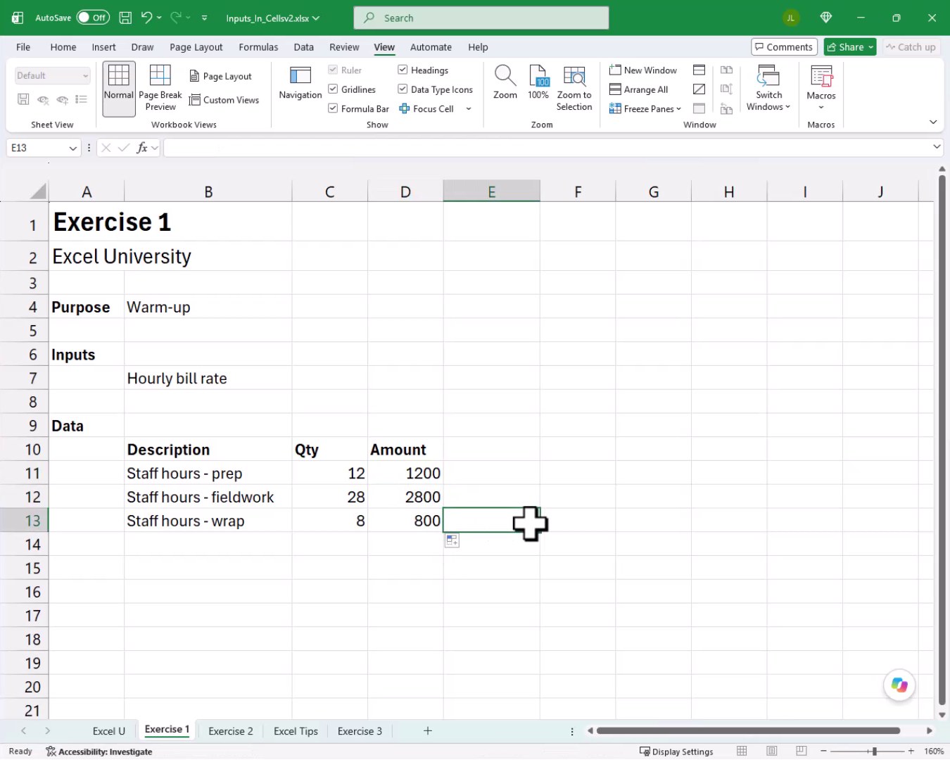 Amount column filled down showing 1200, 2800, and 800 calculated from the hard-coded rate of 100.