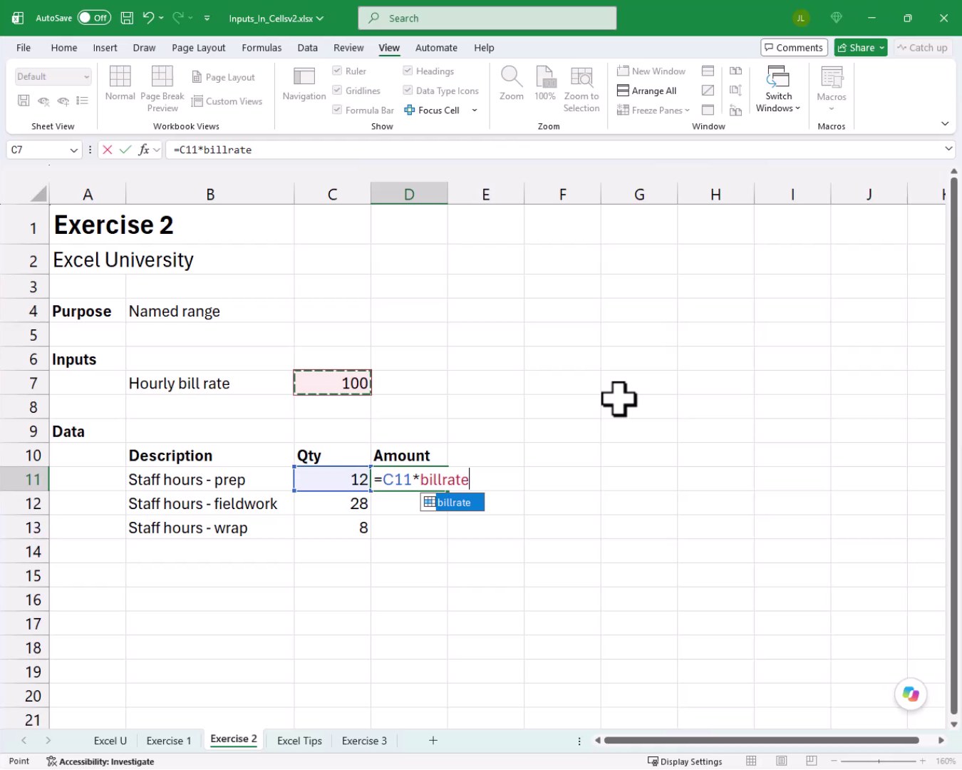 Formula bar showing =C11*billrate with the billrate named range autocomplete suggestion visible below the cell.