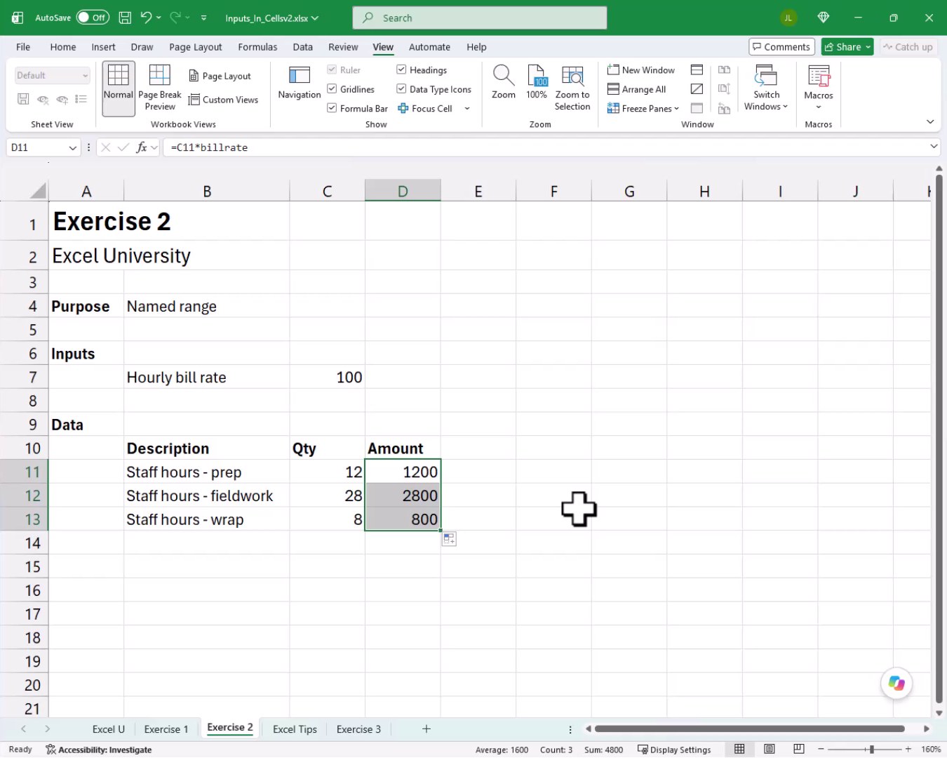 Amount column showing 1200, 2800, and 800 after filling down the =C11*billrate formula across all three rows.