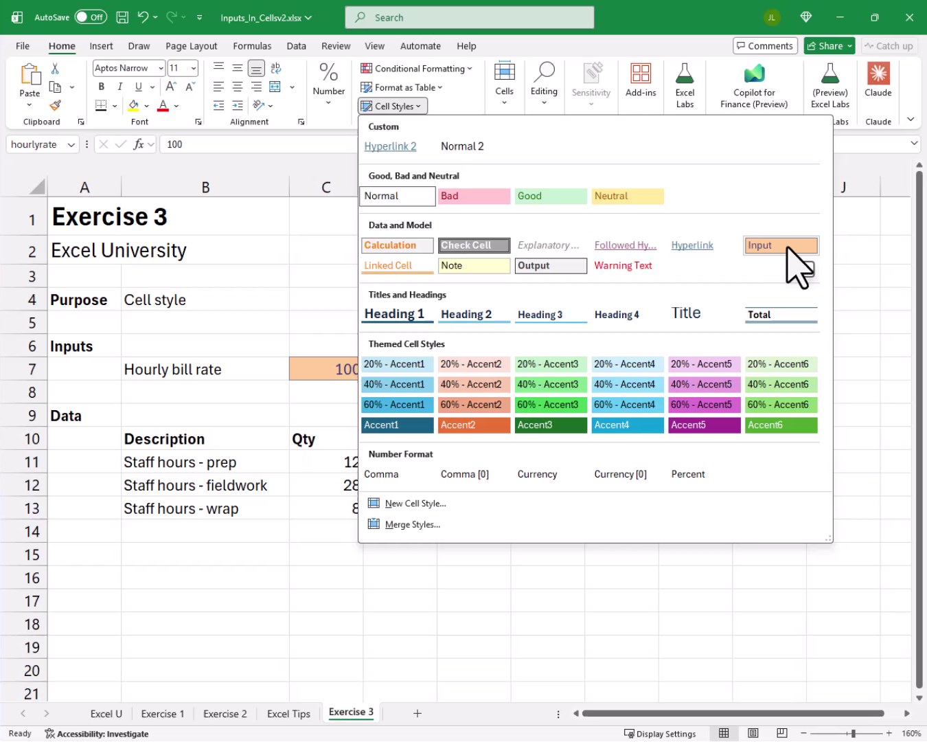 Cell Styles gallery open on the Home tab with the cursor pointing to the Input style in the Data and Model section.