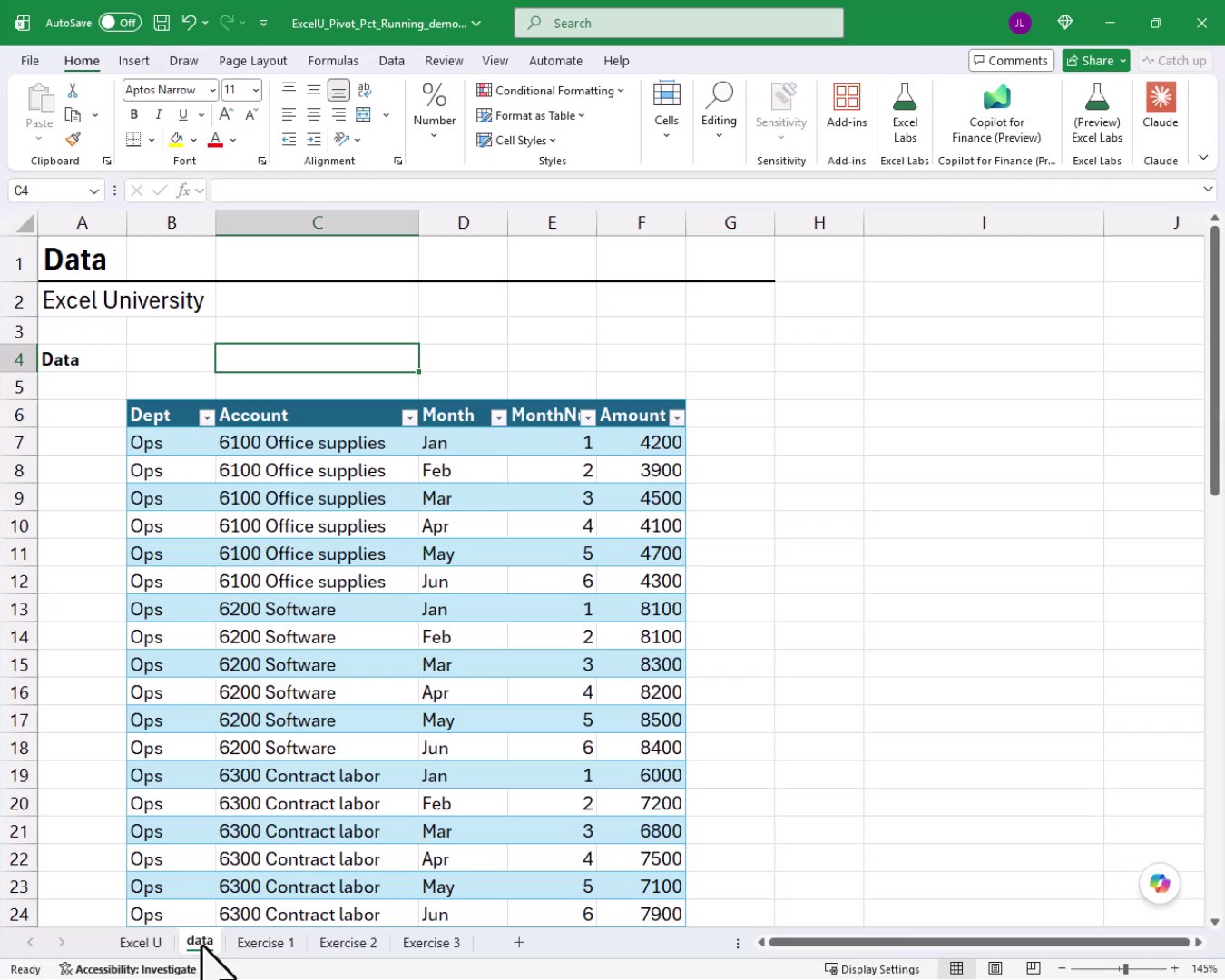 Source data table with Dept, Account, Month, MonthNum, and Amount columns on the data worksheet tab.