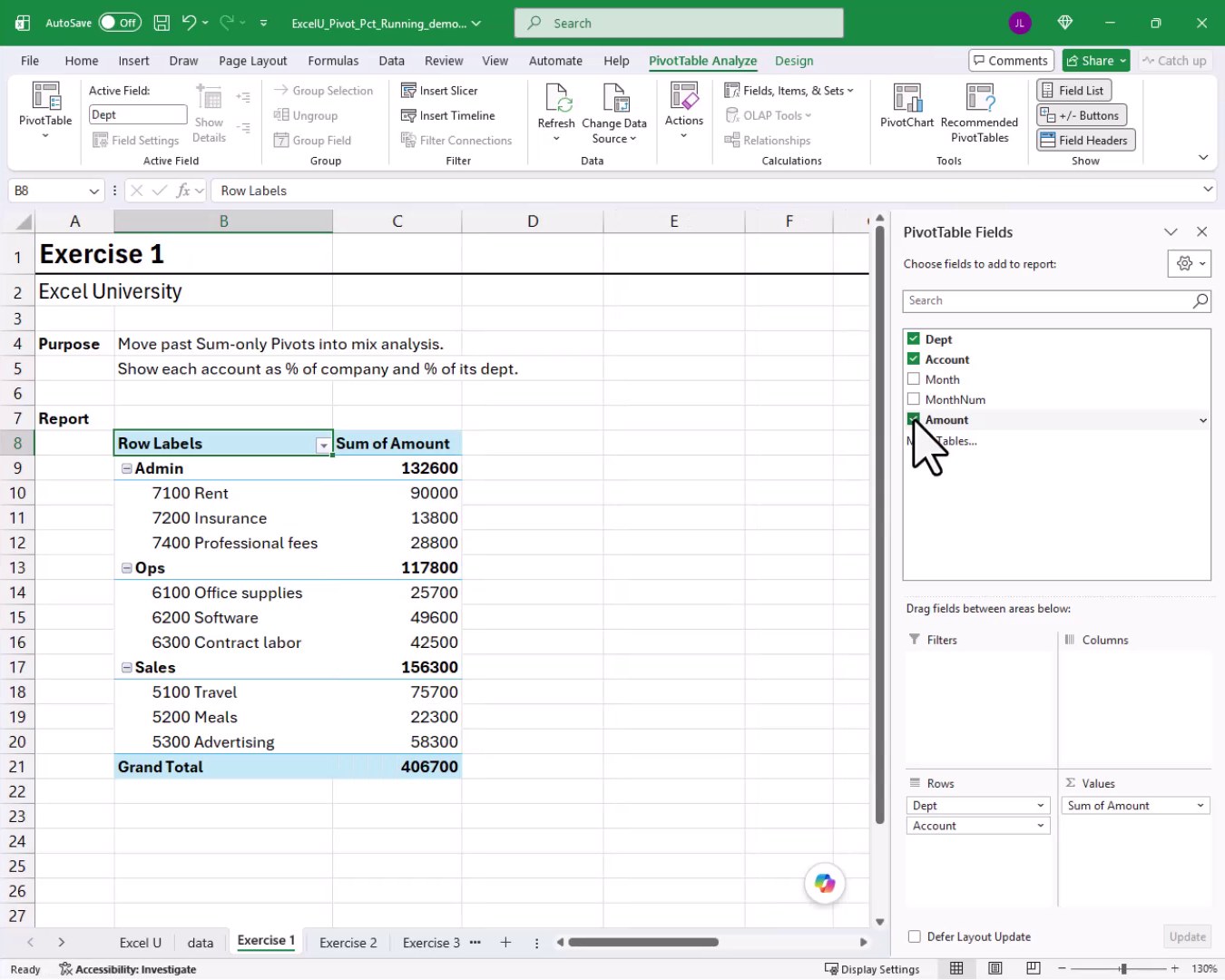 PivotTable on the Exercise 1 tab with Dept and Account on rows and a single Sum of Amount column.