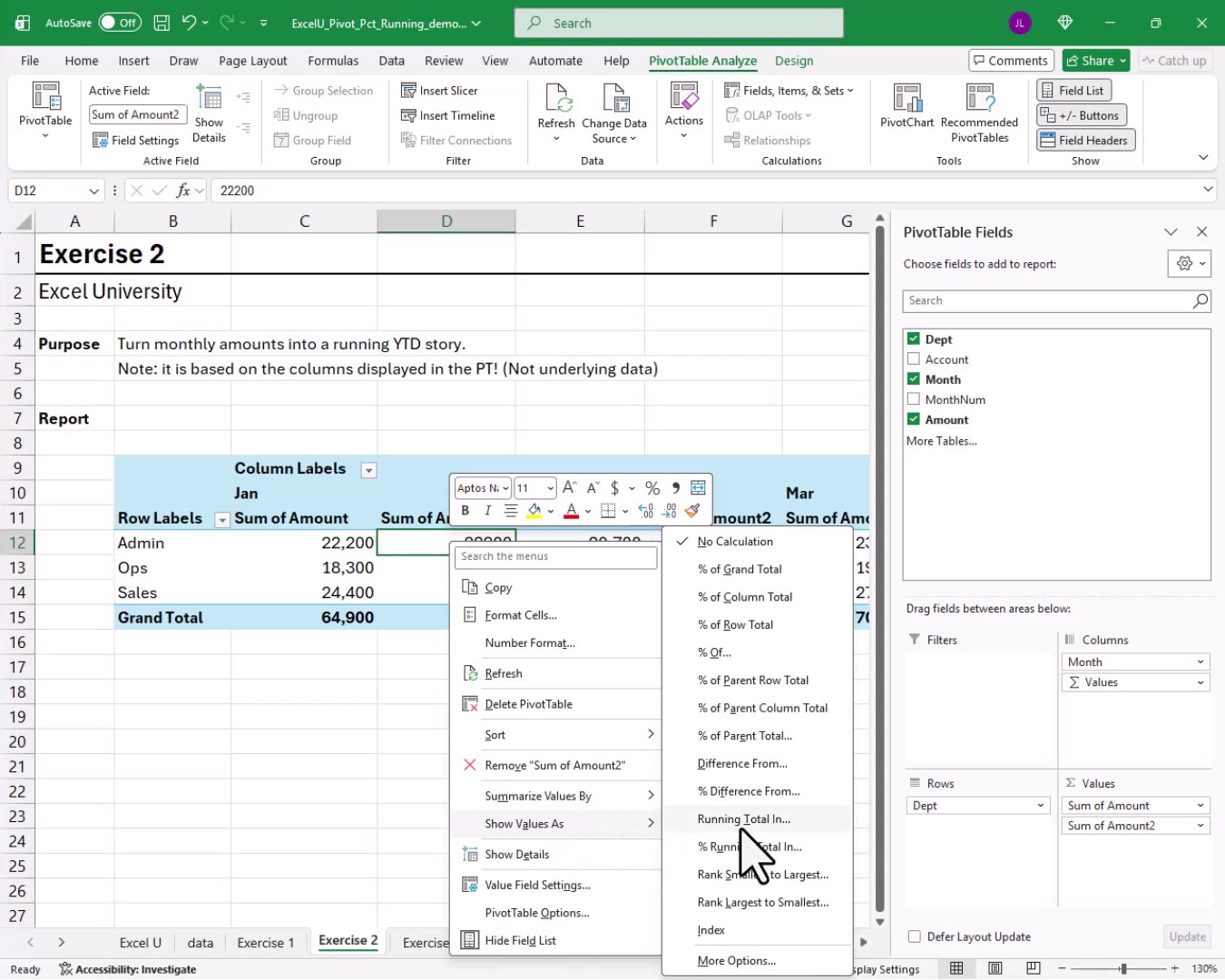Right-click context menu on Exercise 2 tab showing the Show Values As submenu with Running Total In highlighted.
