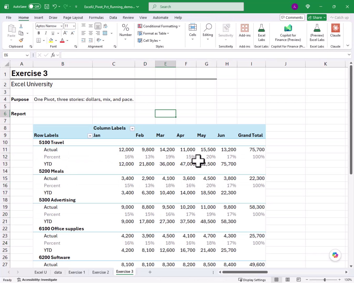 Exercise 3 final formatted PivotTable with all Percent rows displayed in gray font and Actual and YTD rows in the default dark font.