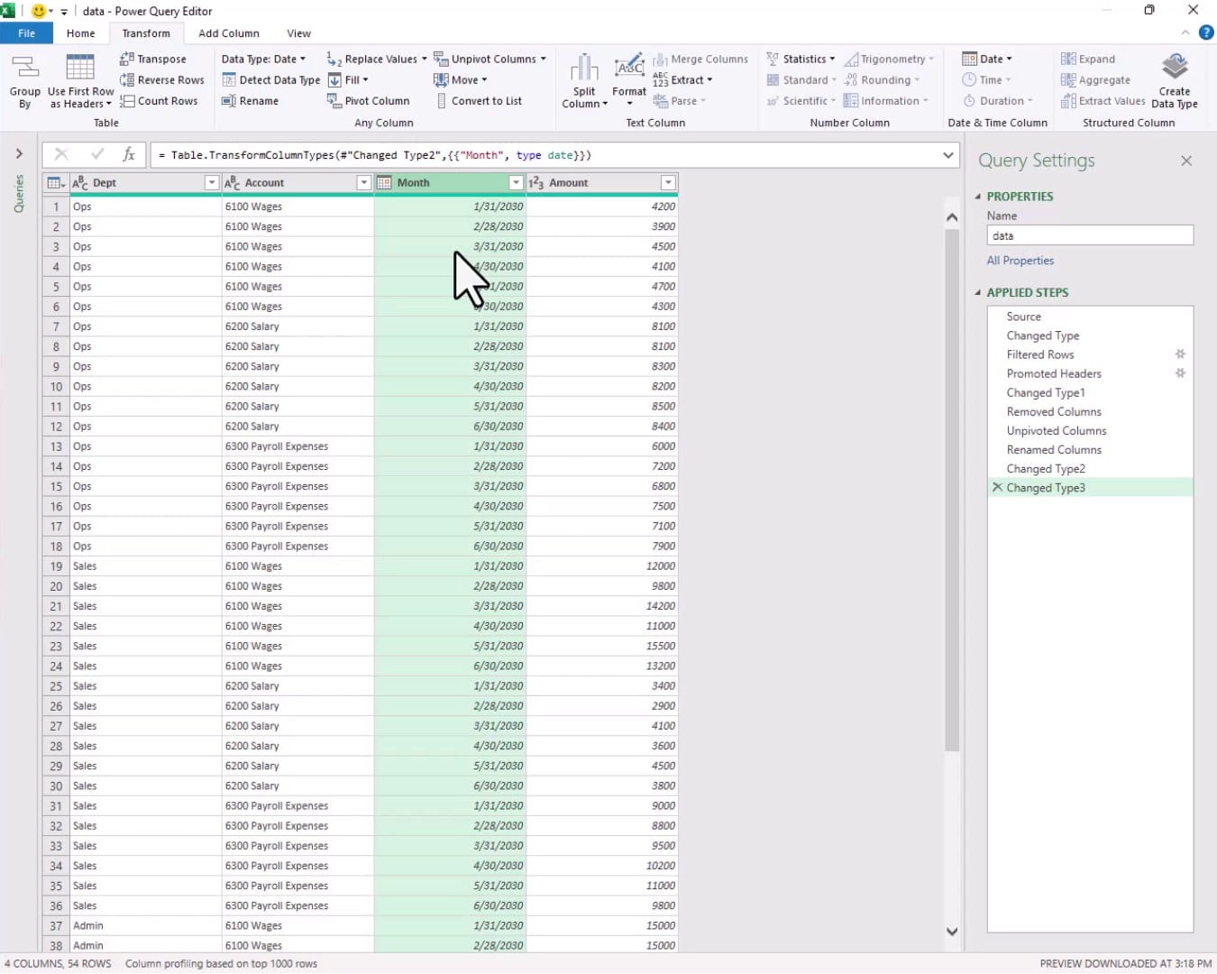 Power Query Editor showing the final unpivoted result for Exercise 2 with Dept, Account, Month as date, and Amount columns across 54 rows.