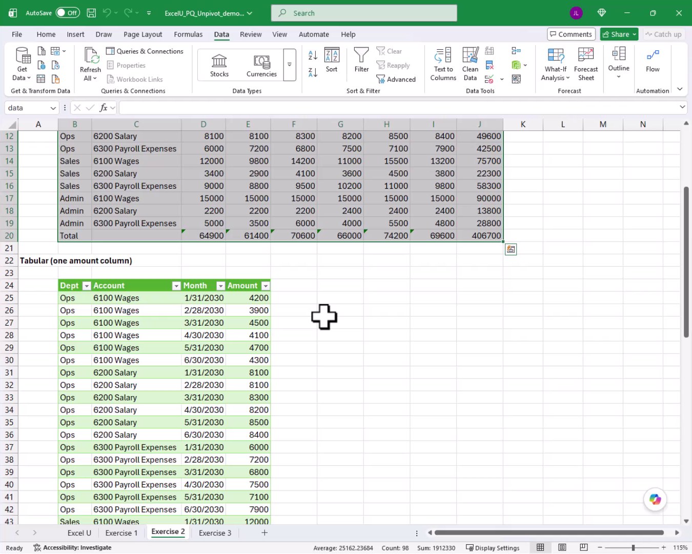 Excel worksheet showing the Exercise 2 tabular output loaded with Dept, Account, Month, and Amount columns, one row per combination.