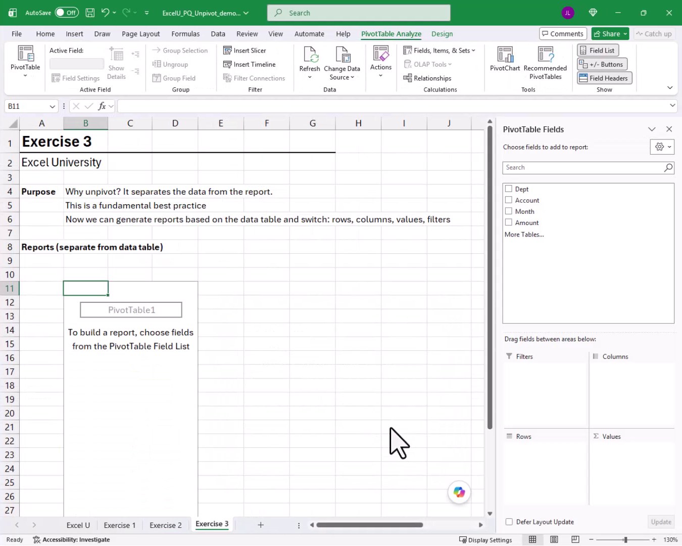 Exercise 3 worksheet showing an empty PivotTable placeholder with Dept, Account, Month, and Amount available in the PivotTable Fields pane.
