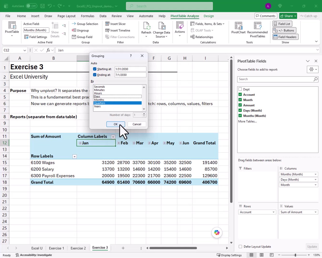 PivotTable Grouping dialog on Exercise 3 worksheet with Quarters selected, allowing the monthly data to be grouped into quarterly summaries.