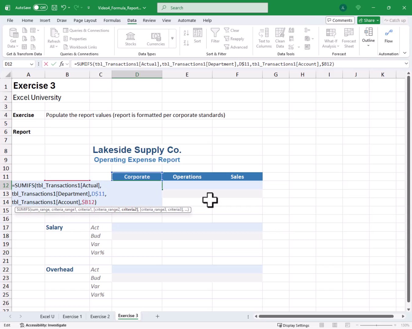 SUMIFS formula in cell D12 referencing the Transactions table with D$11 for department and $B12 for account using mixed references.
