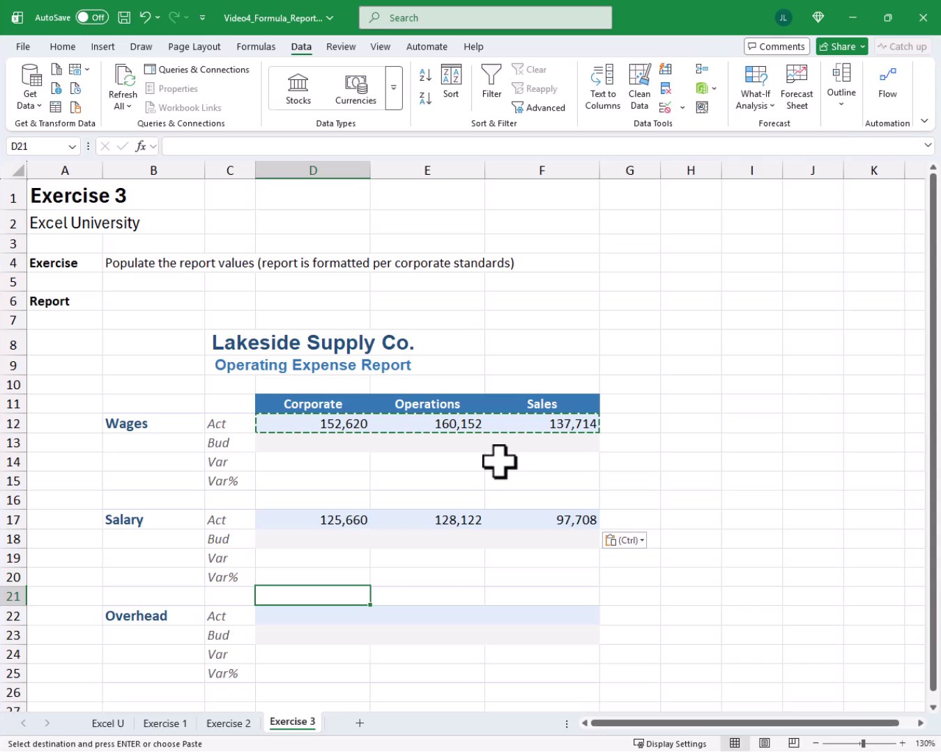 Actual row values filled across all three departments showing Wages and Salary actuals for Corporate, Operations, and Sales.