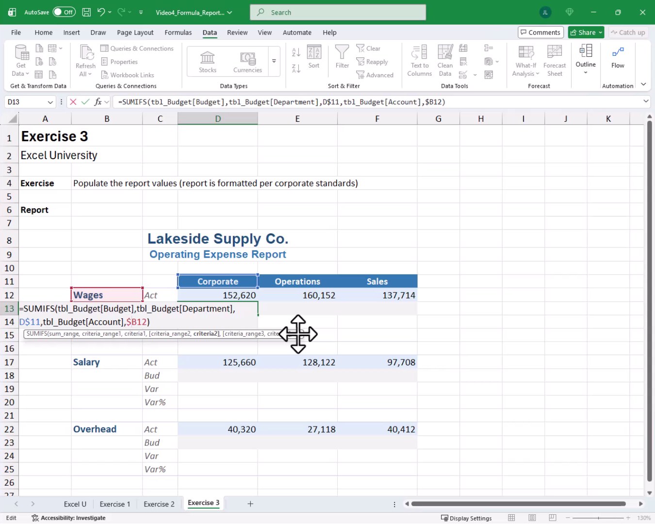 SUMIFS formula for the Budget row in cell D13 pointing to tbl_Budget with the same mixed reference structure.