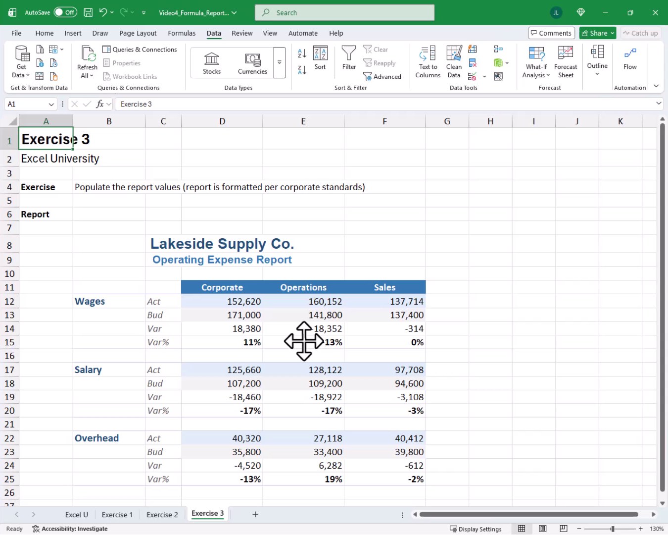 Completed Lakeside Supply Co. operating expense report showing Actual, Budget, Variance, and Variance Percent rows for all three departments.