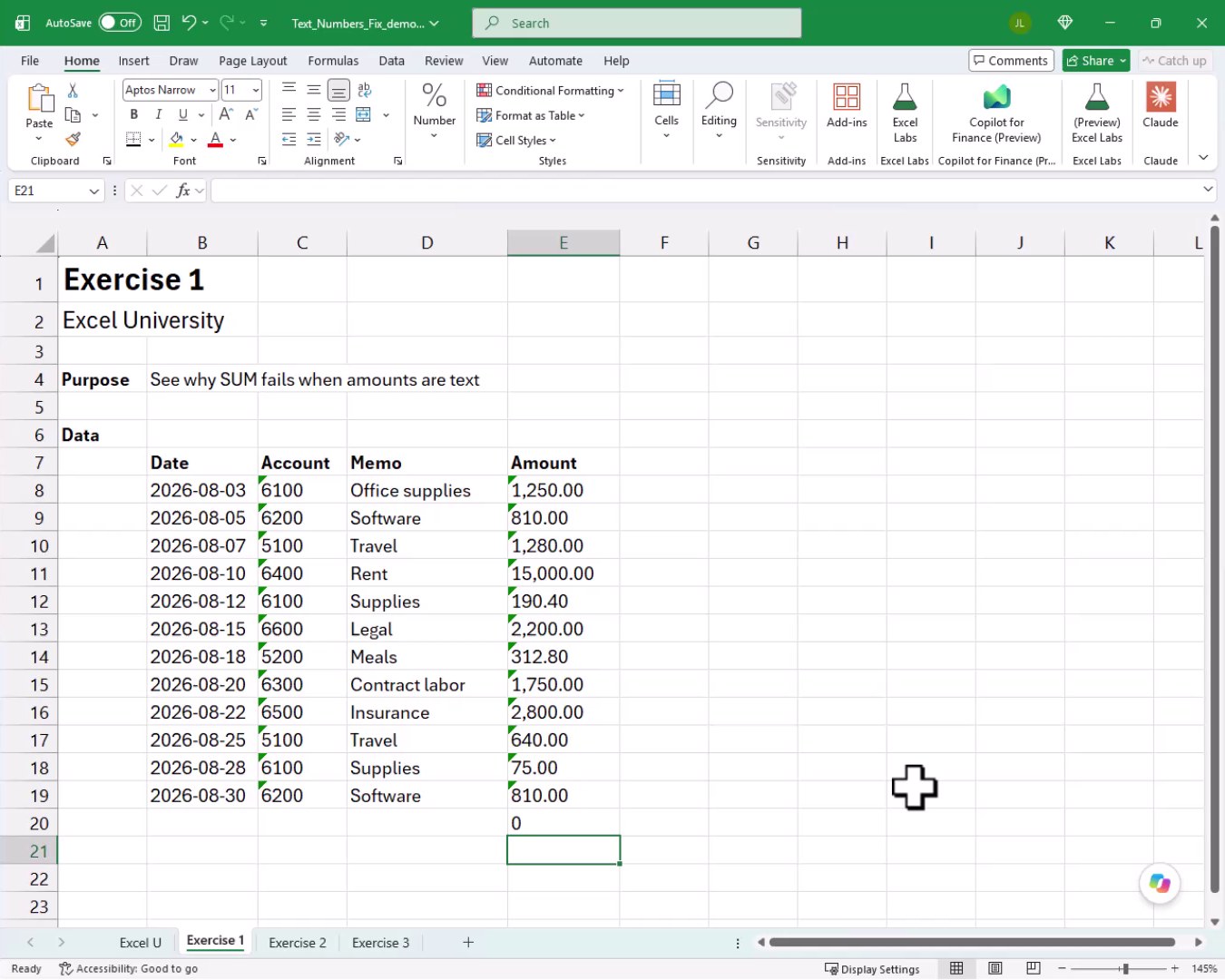 SUM formula returns zero because the Amount values are stored as text, not numbers.