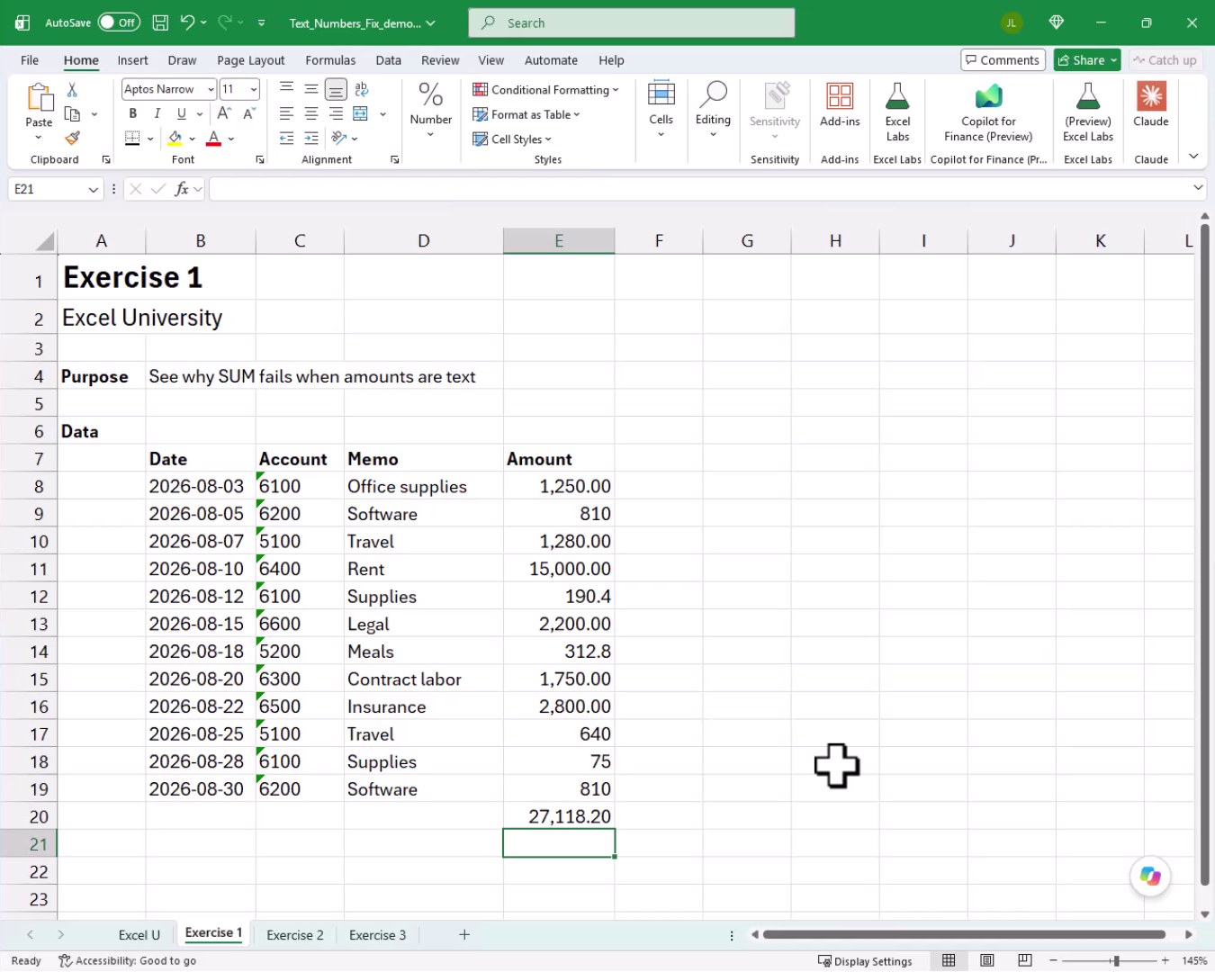 Amount column now shows right-aligned numeric values and the SUM total displays 27,118.20 correctly.