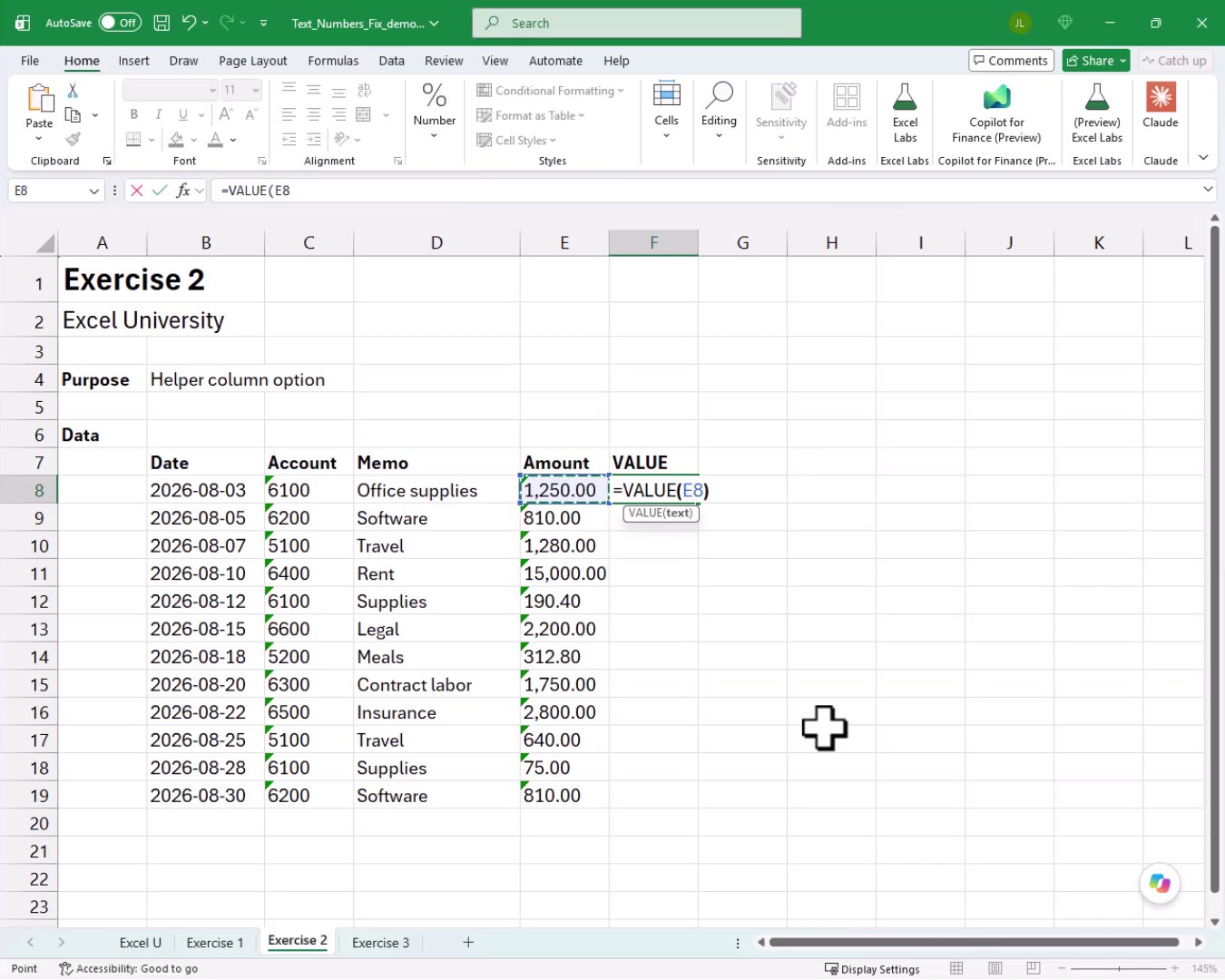 VALUE formula =VALUE(E8) entered in cell F8 with the function tooltip visible showing VALUE(text).