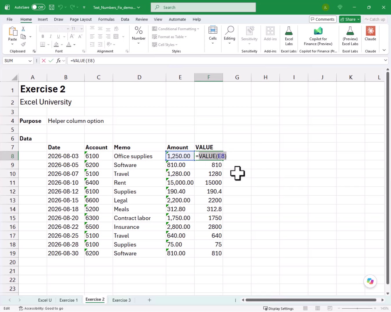 VALUE formula filled down through F8:F19 showing numeric results right-aligned in column F alongside the text amounts in column E.