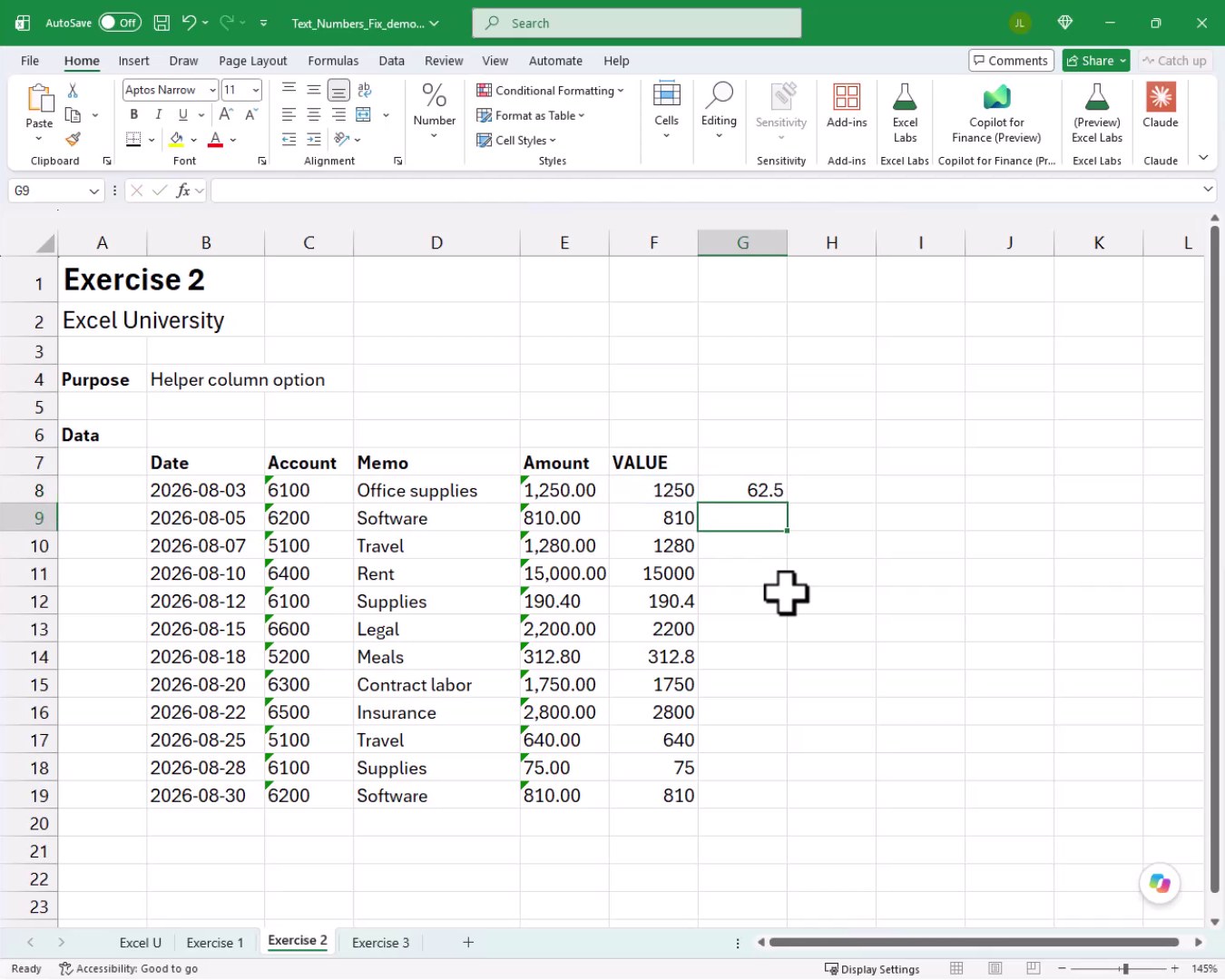Cell G8 shows 62.5, the result of VALUE(E8)*0.05, demonstrating VALUE nested inside a calculation.