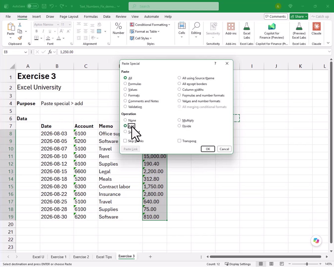 Paste Special dialog open with the Add operation selected under the Operation section.