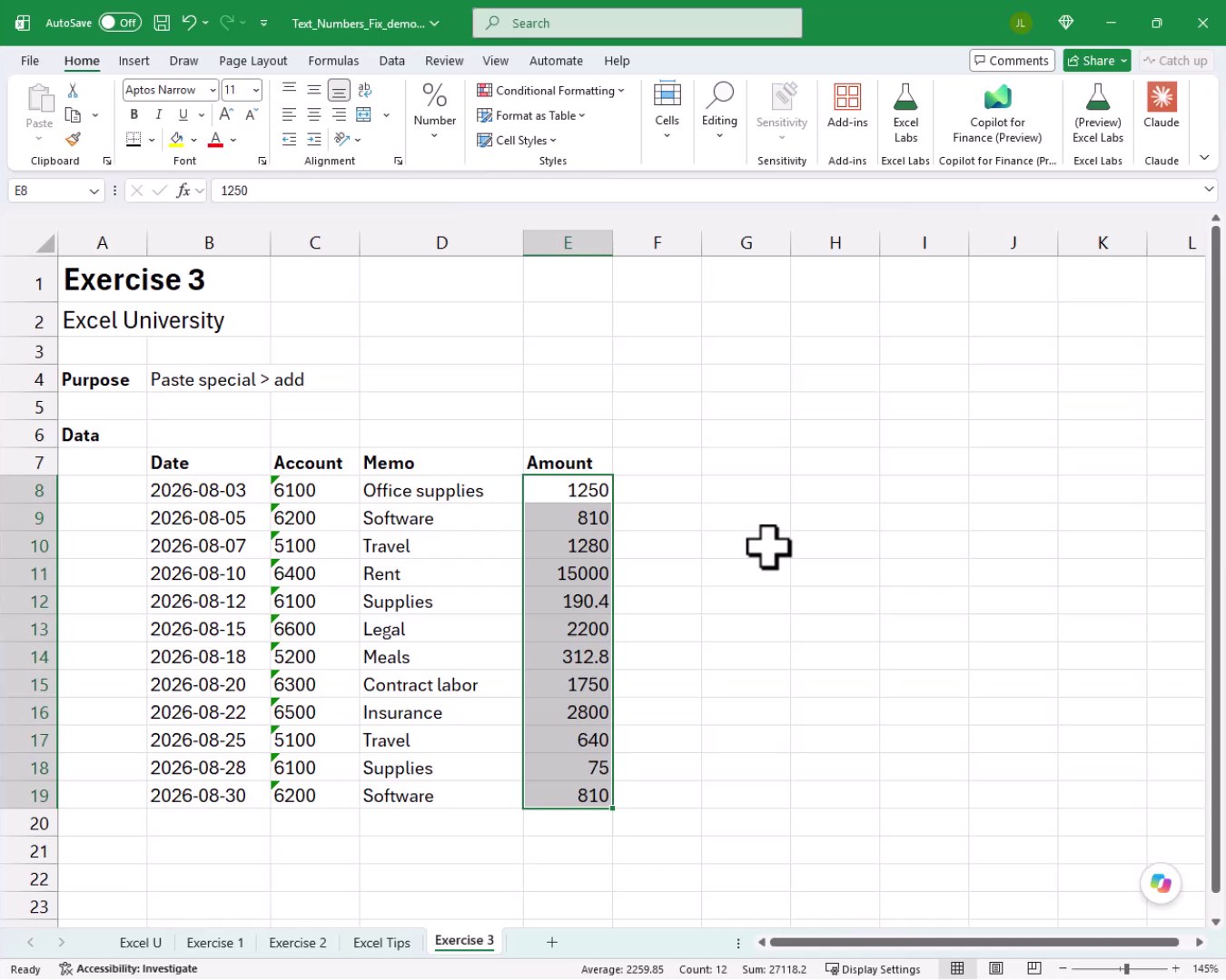 Exercise 3 Amount column now showing right-aligned numeric values after Paste Special Add, with the status bar confirming Sum: 27118.2.